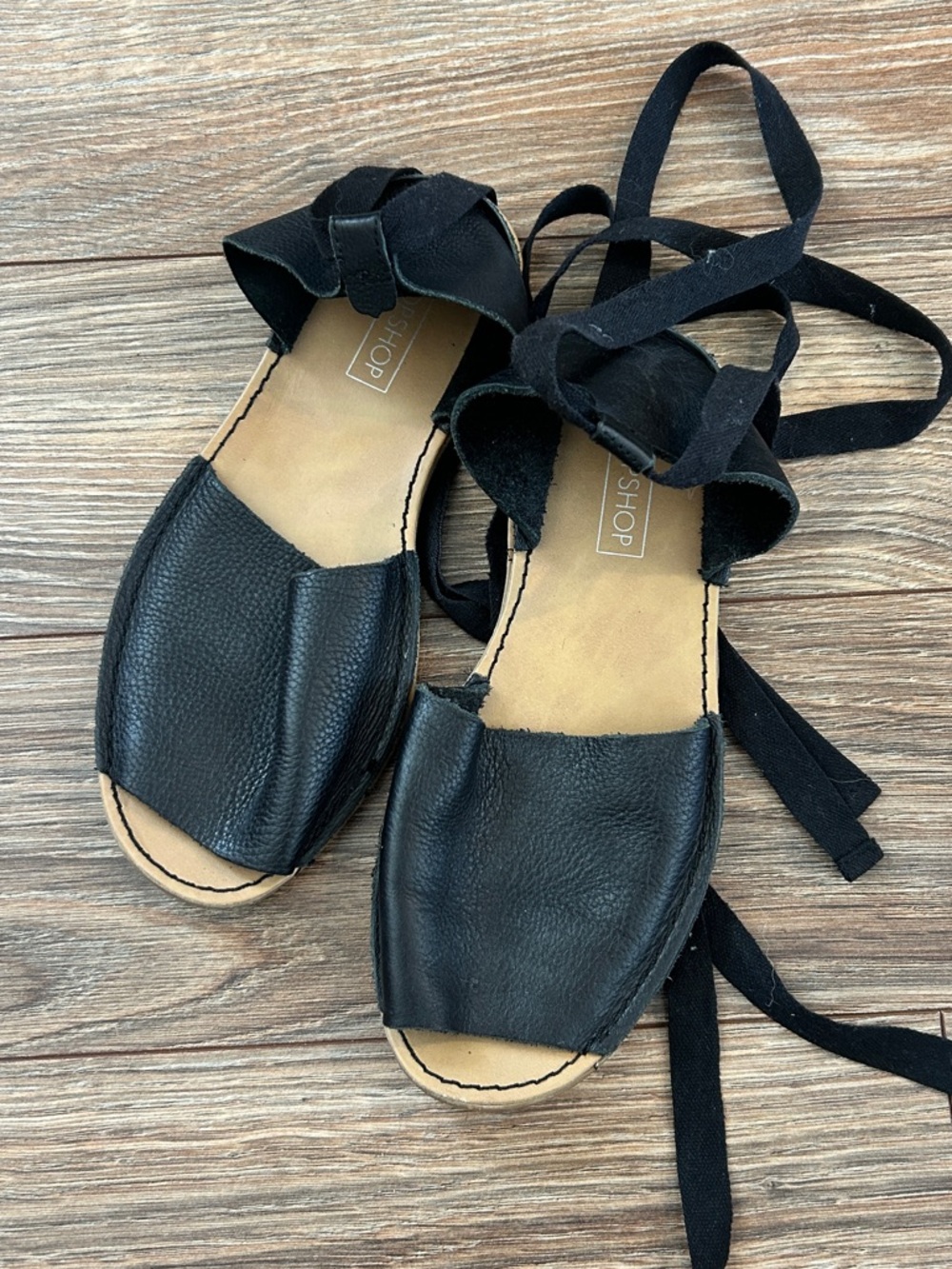 Topshop Black Leather Lace-Up Open-Toe Flat Menorcan Sandals size 6